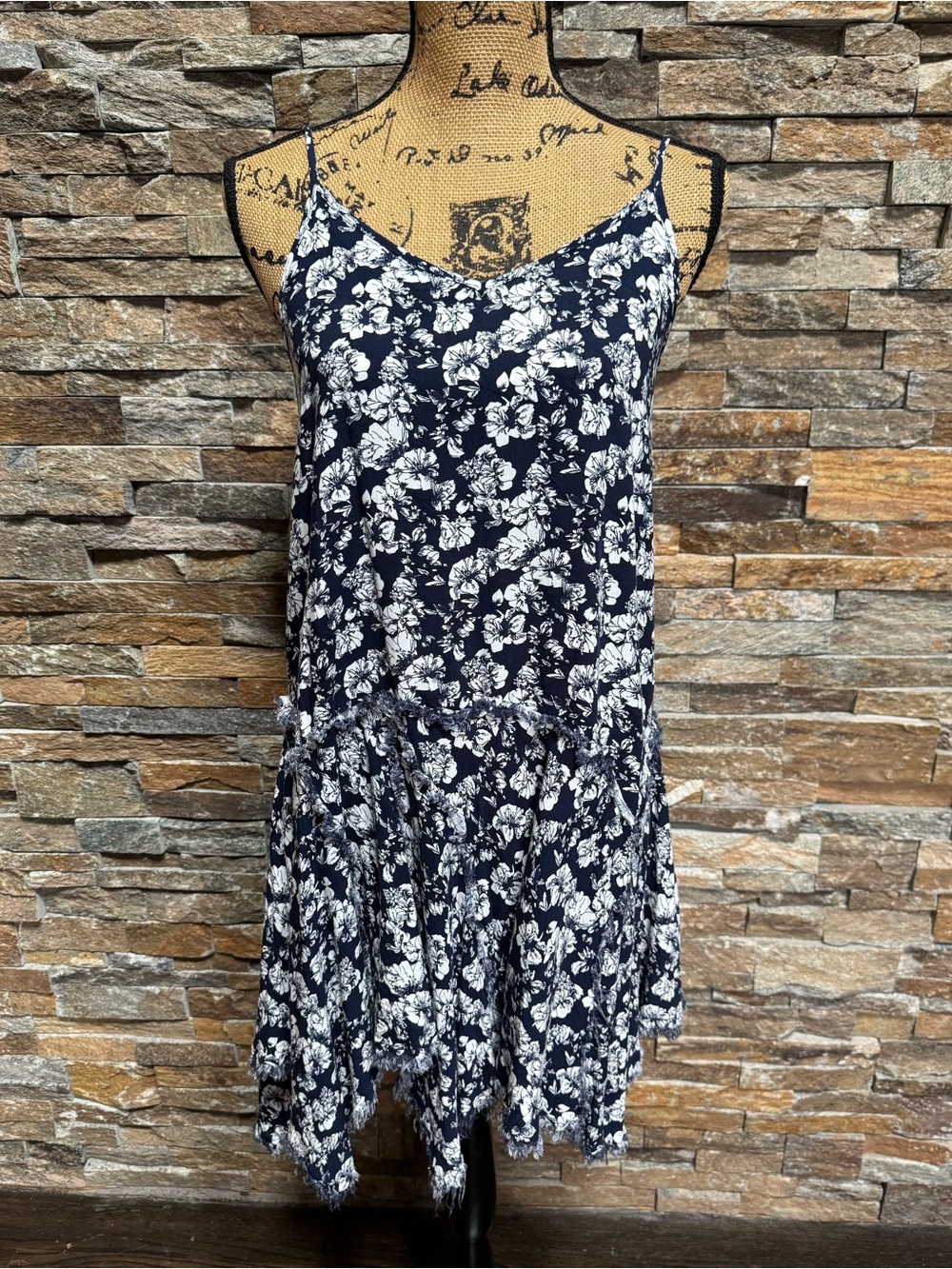 Anthropologie Navy White Floral Mini Dress Raw Hem Tiered Med Boho Vacation